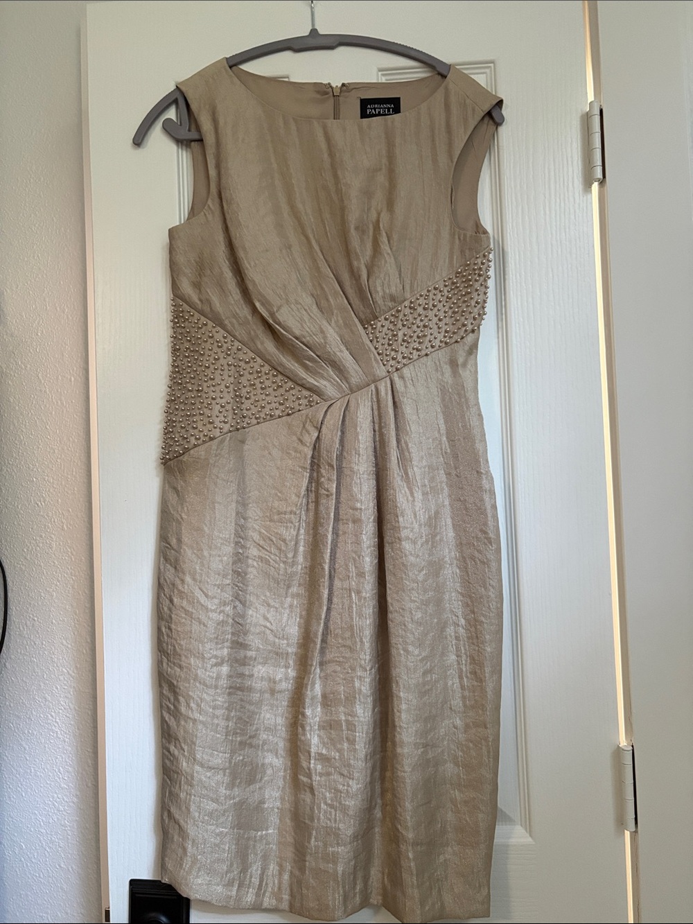 Adrianna Papell Taupe Beaded Cap-Sleeve Sheath Dress